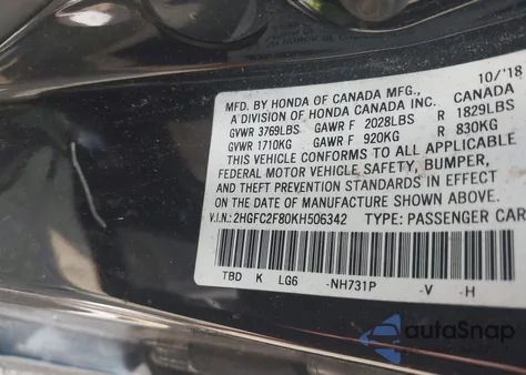 2019 Honda Civic Sport from USA, damaged, VIN 2HGFC2F80KH506342
